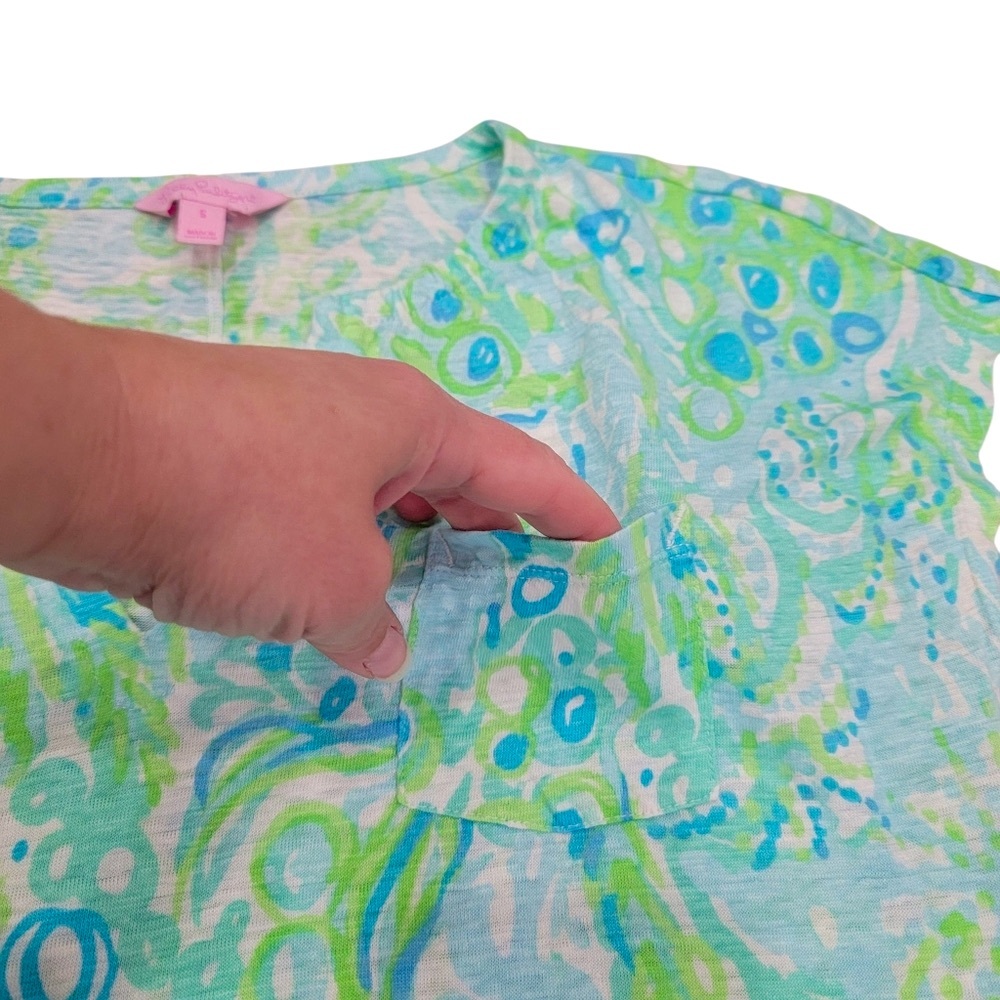 Lilly Pulitzer Linen Duval Notch Top Green Blue Cap Sleeve T-Shirt Women’s Small - Picture 6 of 15